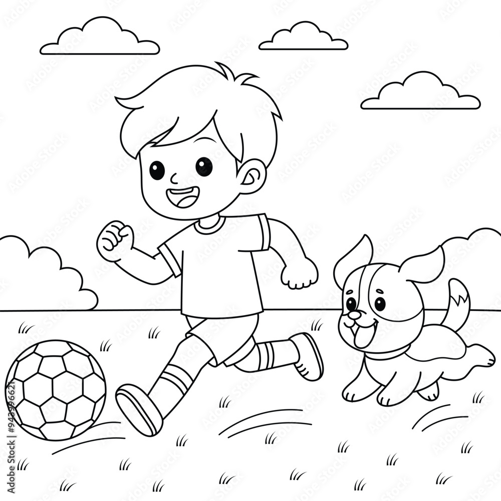 Cartoon boy is playing soccer with dog, Football coloring page for kids