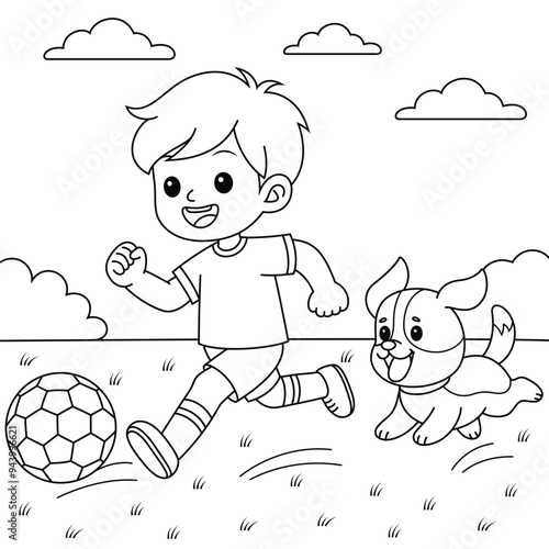 Obraz na płótnie Cartoon boy is playing soccer with dog, Football coloring page for kids w salonie