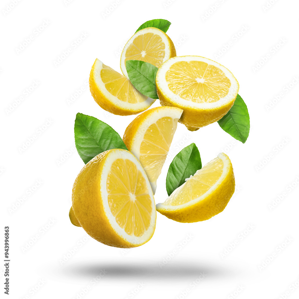 Fototapeta premium Fresh juicy lemons and green leaves falling on white background