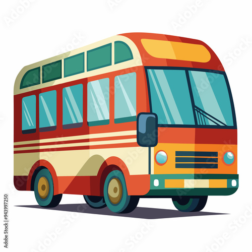 Red and Yellow Bus with Green Windows and White Stripes