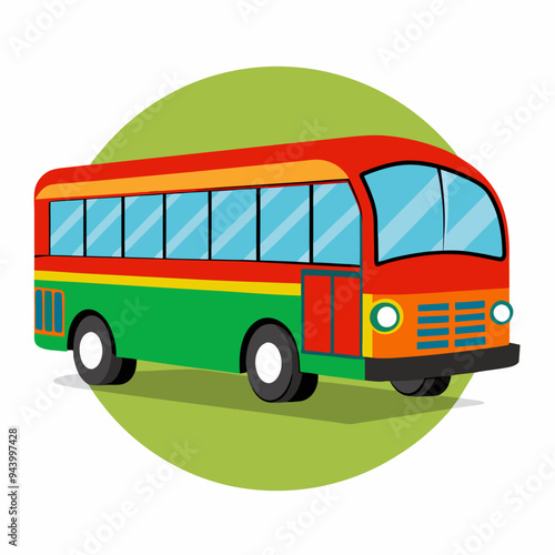 A red, green, and yellow bus with a white background