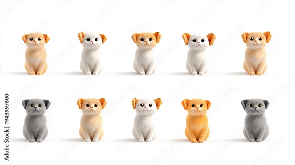 Set of Scottish Fold cats, folded ears, various expressions, isolated on white background, 3D illustration Set of Scottish Fold cats, folded ears, various expressions, isolated on white background, 3D illustration