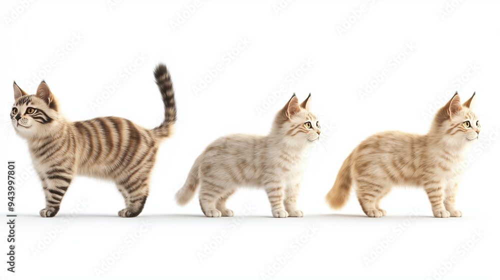 Set of American Bobtail cats, wild looks, short tails, isolated on white background, 3D illustration Set of American Bobtail cats, wild looks, short tails, isolated on white background, 3D illustration