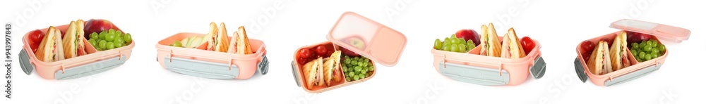 Lunch box with tasty foods isolated on white, collage Lunch box with tasty foods isolated on white, collage