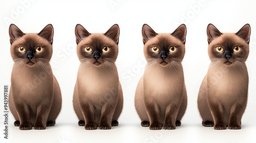 Set of Burmese cats, sleek brown coats, golden eyes, isolated on white background, 3D illustration