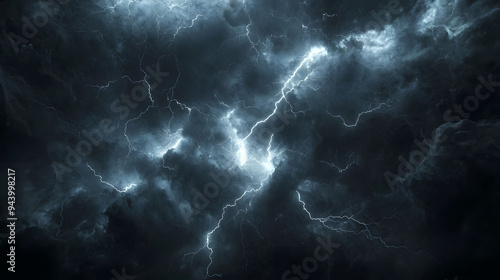 Dramatic lightning strikes illuminate dark stormy sky, creating sense of awe and intensity.
