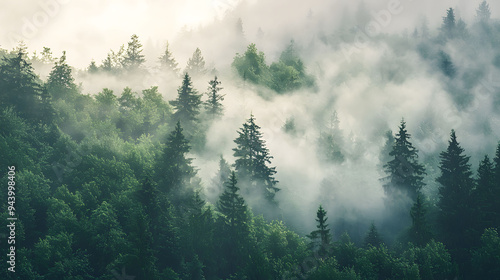 Misty forest landscape with lush green trees and fog creating serene atmosphere. scene evokes sense of tranquility and connection to nature.