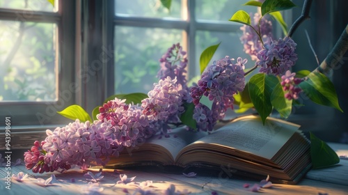 An open old book with a branch of lilac resting on its pages, creating a romantic and floral scene with a textured and antique appearance.