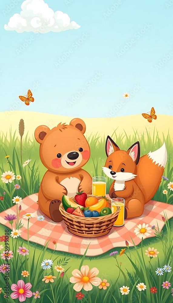Fototapeta premium Cute Cartoon of a Bear and a Fox Enjoying a Picnic by a Meadow