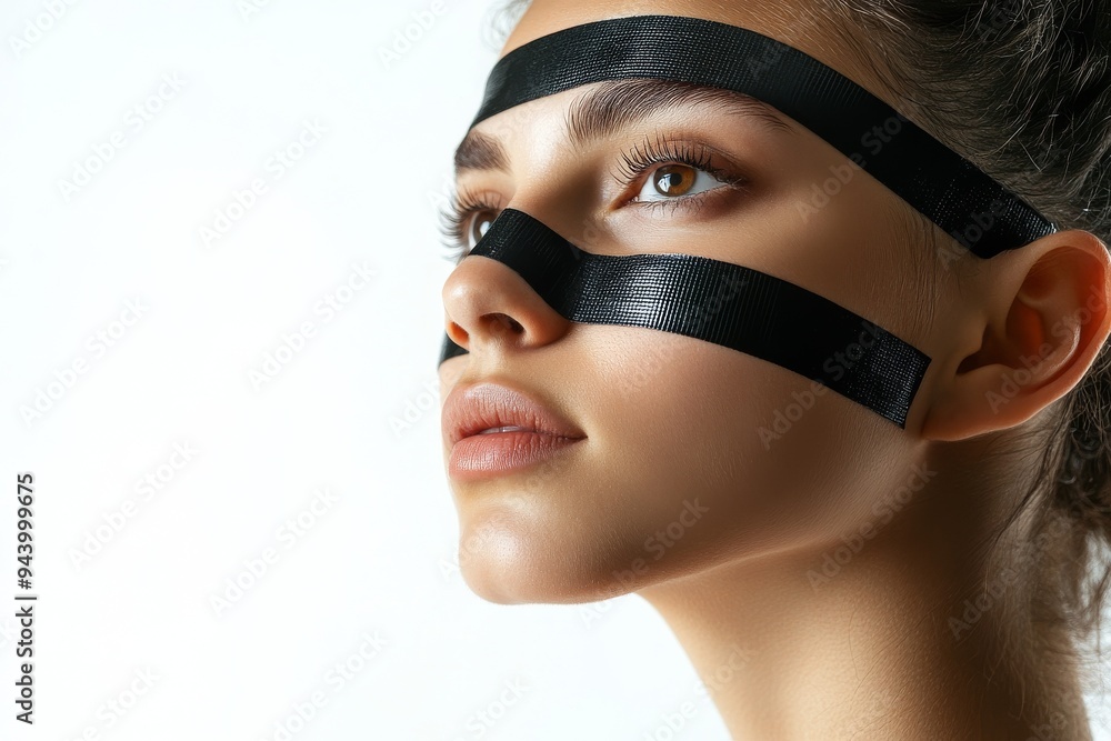 Girl with black medical kinesiology tape on her face. Woman with elastic therapeutic tape. Relaxes muscles and gets rid of wrinkles. Advertising of traditional medicine and beauty salon. Girl with black medical kinesiology tape on her face. Woman with elastic therapeutic tape. Relaxes muscles and gets rid of wrinkles. Advertising of traditional medicine and beauty salon.