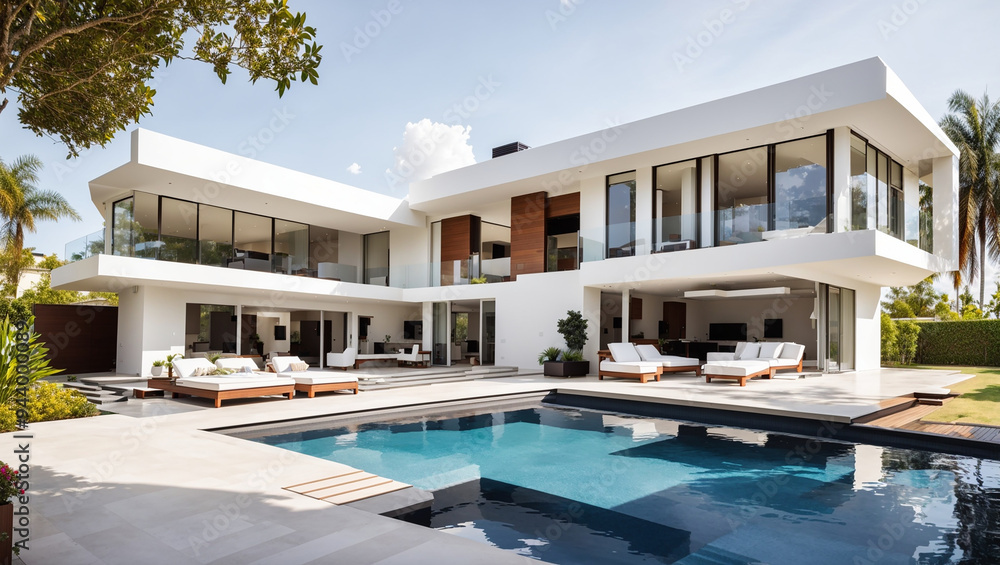 Fototapeta premium This is a modern house with a pool, steps leading up to it, and a large lawn.