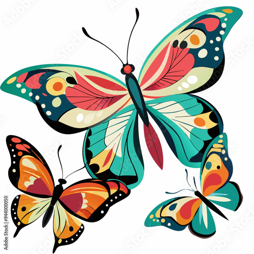 Three Colorful Butterflies with Intricate Wing Patterns