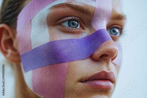 Girl with medical kinesiology tape on her face. Woman with elastic therapeutic tape. Relaxes muscles and gets rid of wrinkles. Advertising of traditional medicine and beauty salon. photo