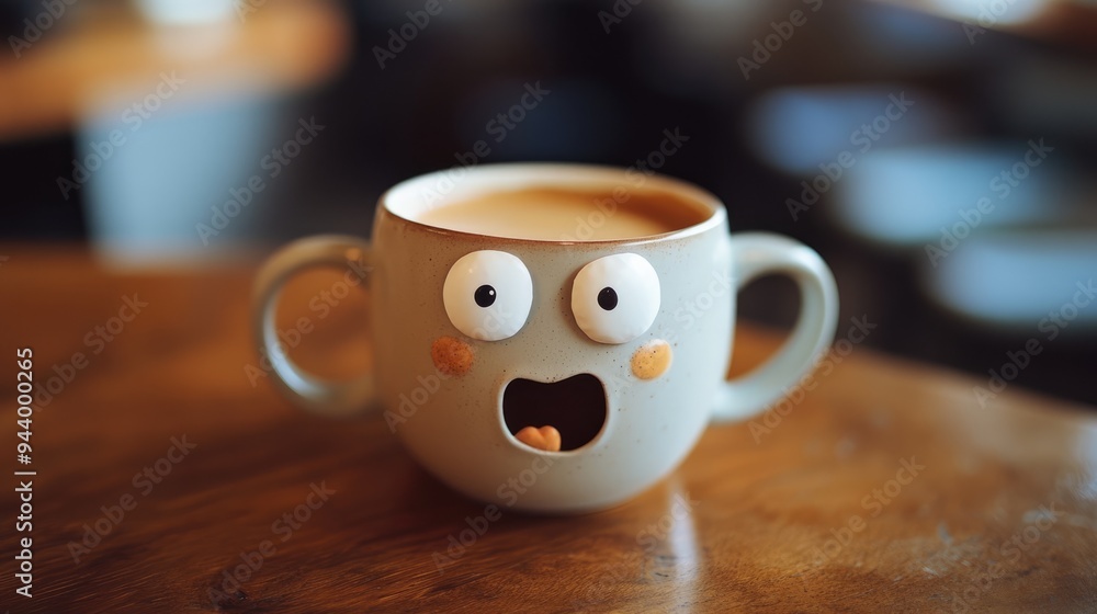 A Mug with a Surprised Expression on a Wooden Table A Mug with a Surprised Expression on a Wooden Table
