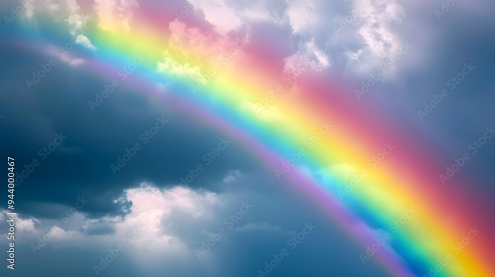 A vibrant rainbow arcs across cloudy sky, evoking sense of wonder and tranquility. colors blend beautifully, creating serene atmosphere. A vibrant rainbow arcs across cloudy sky, evoking sense of wonder and tranquility. colors blend beautifully, creating serene atmosphere.