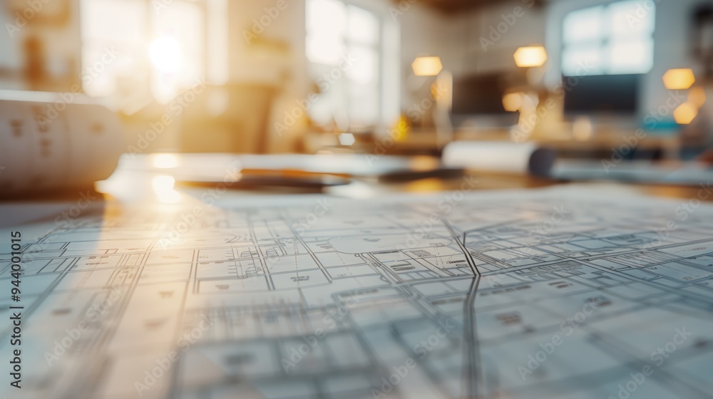 Close-up of Architectural Plans on a Desk in a Bright Office Close-up of Architectural Plans on a Desk in a Bright Office