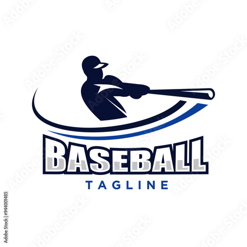 Baseball logo with a silhouette of a player hitting the ball, surrounded by curved lines that create a sense of dynamic movement. suitable for team branding, sporting events