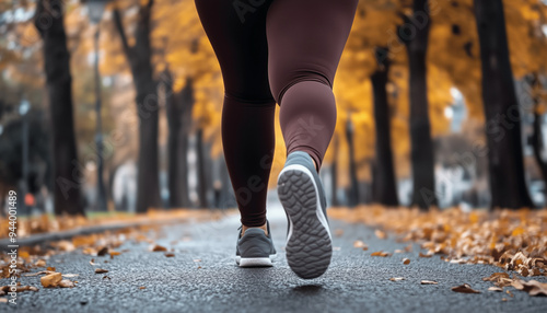 close up legs in sneakers. Fat woman is running down a autumn park, overweight woman jogging back view, fat burning and adipose tissue, weight loss and cardio workout