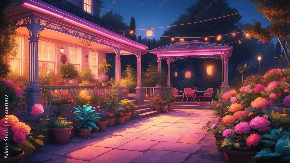 illustrative albedo garden terrace animated retro neon illustrative albedo garden terrace animated retro neon