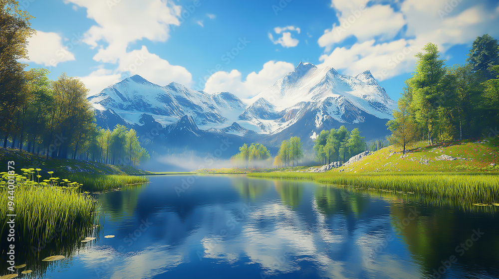 Majestic, snow-capped mountains, serene, high quality, photorealistic, alpine meadows, crystal-clear lakes, untouched wilderness, panoramic Majestic, snow-capped mountains, serene, high quality, photorealistic, alpine meadows, crystal-clear lakes, untouched wilderness, panoramic