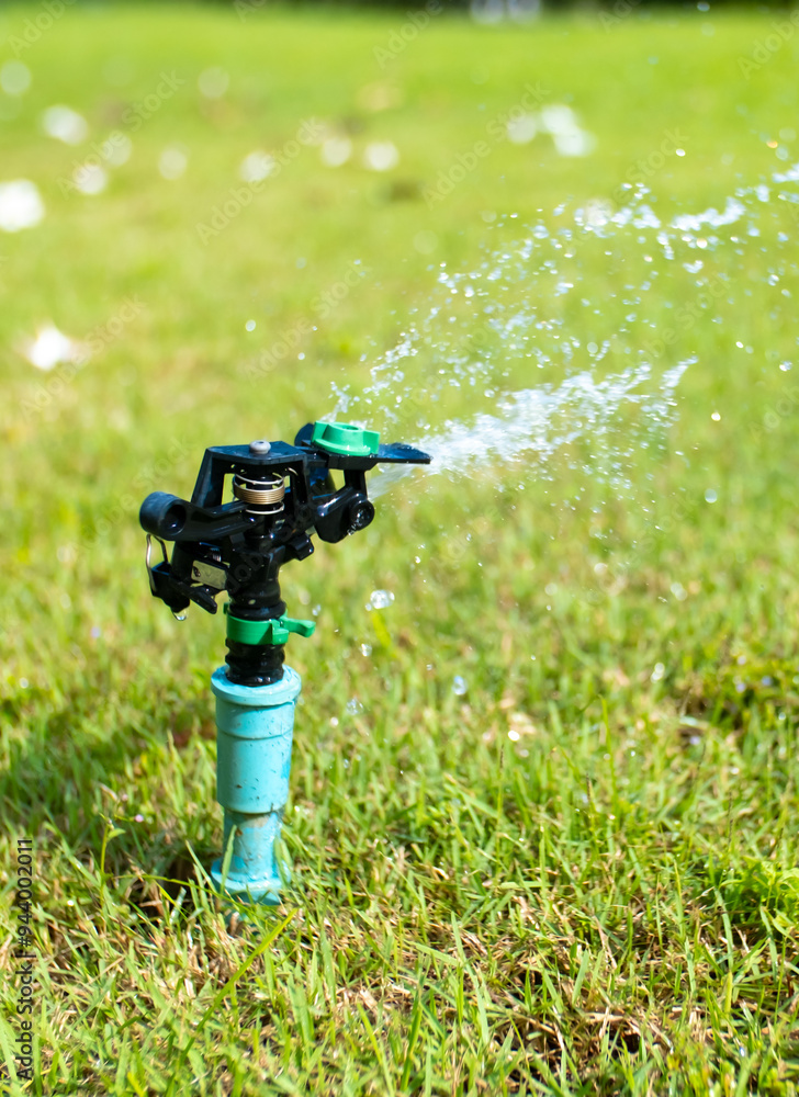 Sprinkler for automatic lawn watering. Lawn cultivation and care, garden irrigation devices. Rainbow over the garden on a sunny day. Sprinkler for automatic lawn watering. Lawn cultivation and care, garden irrigation devices. Rainbow over the garden on a sunny day.
