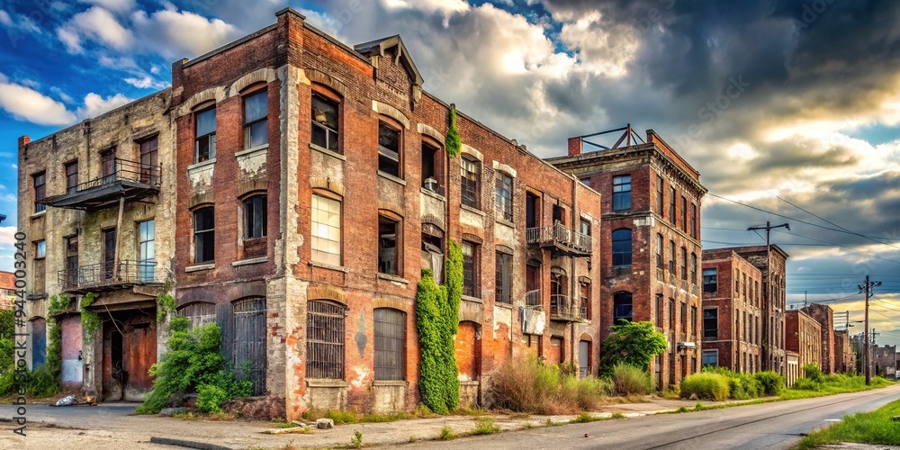 Detroit Crumbling Abandoned, graffiti-covered buildings with crumbling facades and rusty ...