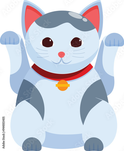 Cartoon lucky cat waving paw wearing red collar and golden bell