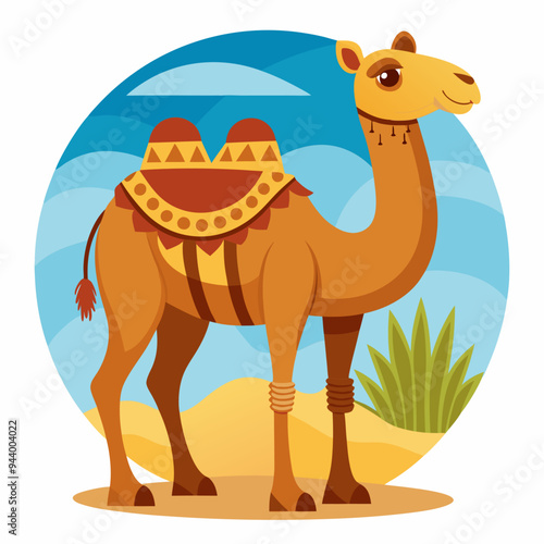 Camel with Saddle in Desert Landscape