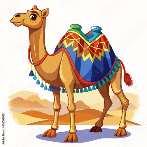 A Cartoon Camel with a Colorful Saddle in the Desert