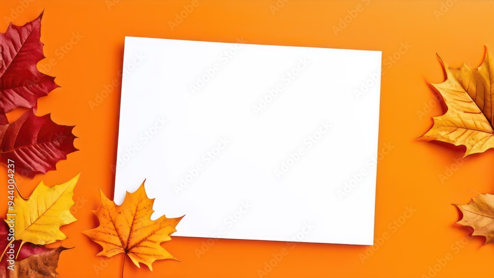 White sheet on an yellow background with autumn leaves White sheet on an yellow background with autumn leaves