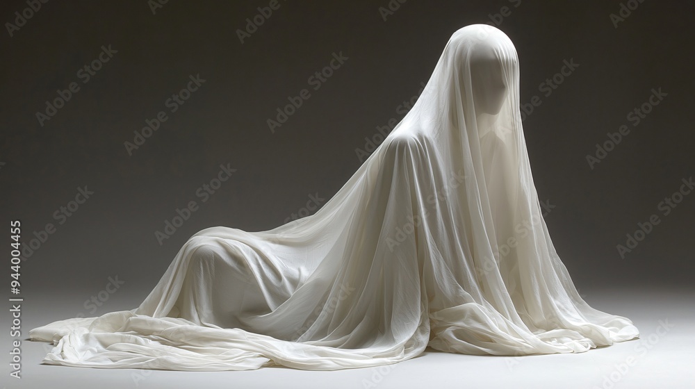 Halloween ghost figure draped in white sheets, ideal for spooky decorations or costume themes, suitable for parties or trick-or-treat events with copy space. Halloween ghost figure draped in white sheets, ideal for spooky decorations or costume themes, suitable for parties or trick-or-treat events with copy space.