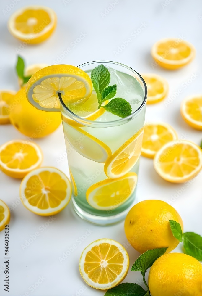 A glass of lemonade with lemon slices and mint leaves, surrounded by fresh lemons on a neutral monochrome background, vector, cut, free A glass of lemonade with lemon slices and mint leaves, surrounded by fresh lemons on a neutral monochrome background, vector, cut, free