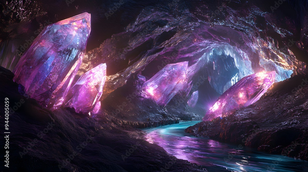 Obraz premium Crystal Cavern: A vast underground cavern filled with giant, luminous crystals, with an iridescent river flowing through the middle. 
