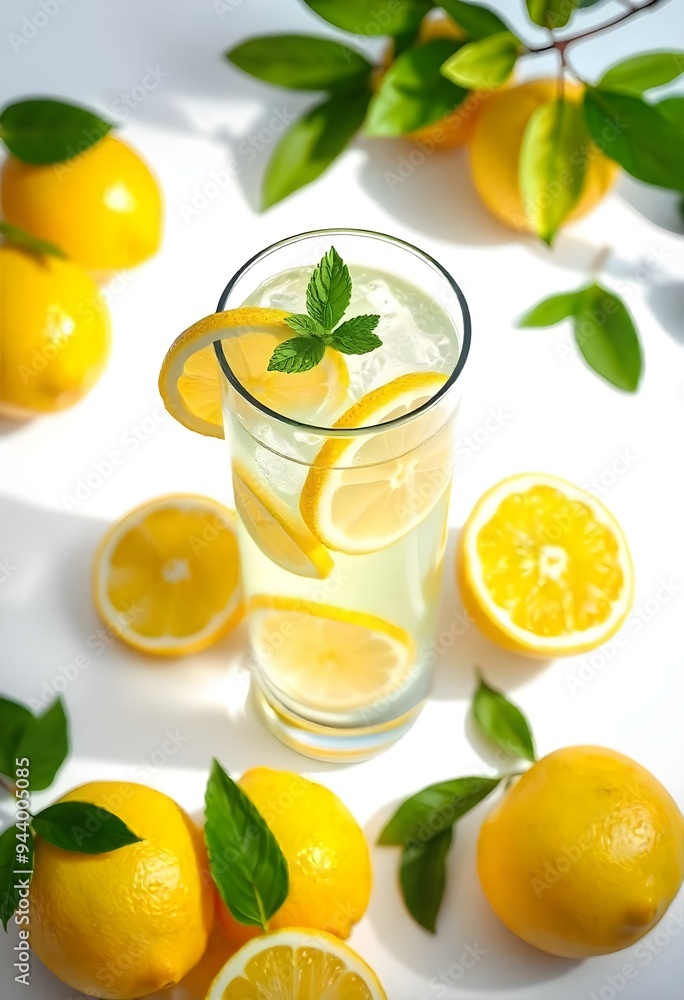 A glass of lemonade with lemon slices and mint leaves, surrounded by fresh lemons on a neutral monochrome background, vector, cut, free A glass of lemonade with lemon slices and mint leaves, surrounded by fresh lemons on a neutral monochrome background, vector, cut, free