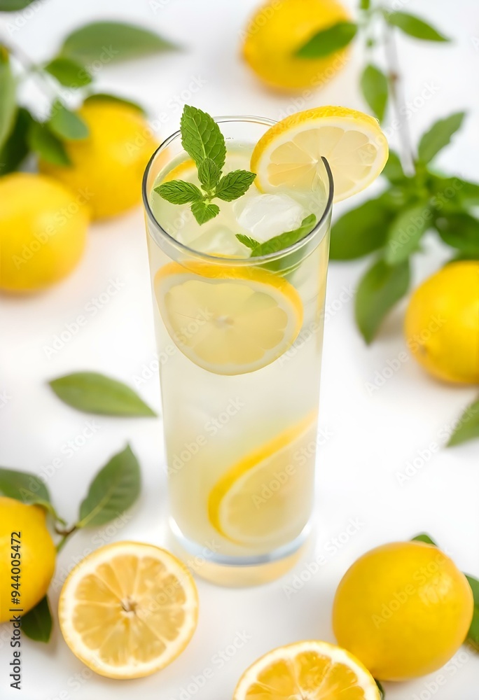 A glass of lemonade with lemon slices and mint leaves, surrounded by fresh lemons on a neutral monochrome background, vector, cut, free A glass of lemonade with lemon slices and mint leaves, surrounded by fresh lemons on a neutral monochrome background, vector, cut, free