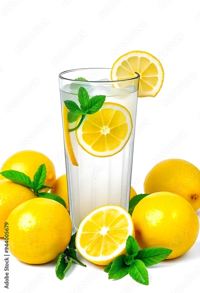 A glass of lemonade with lemon slices and mint leaves, surrounded by fresh lemons on a neutral monochrome background, vector, cut, free A glass of lemonade with lemon slices and mint leaves, surrounded by fresh lemons on a neutral monochrome background, vector, cut, free