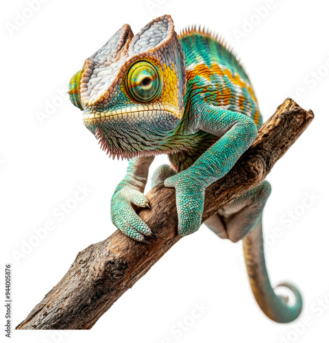 PNG Colorful chameleon perched on a branch in nature photo