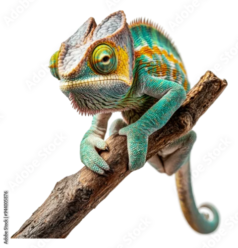 Fototapeta na wymiar PNG Colorful chameleon perched on a branch in nature