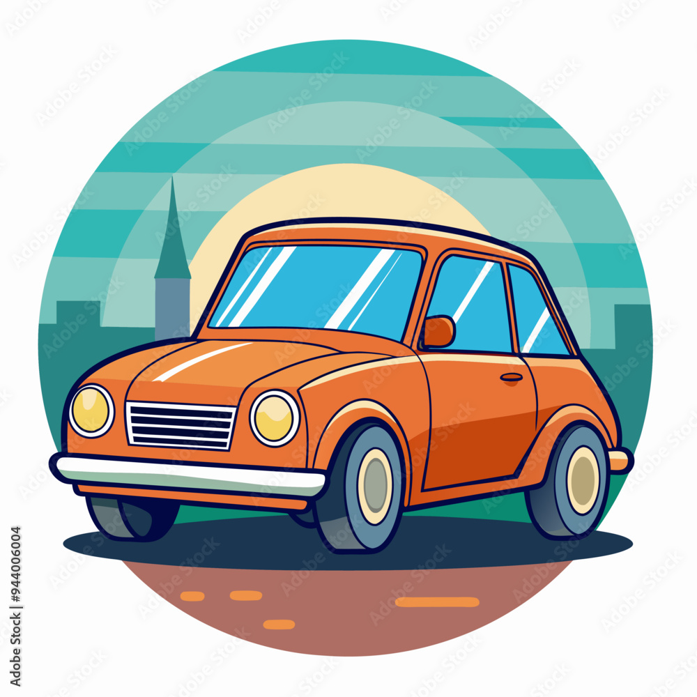 Fototapeta premium Orange Retro Car with City Skyline and Sunset in a Circle