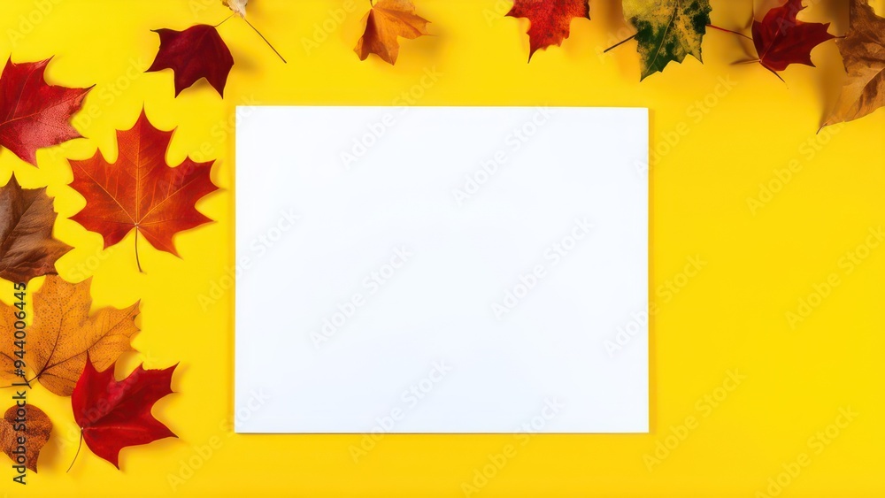 White sheet on an yellow background with autumn leaves White sheet on an yellow background with autumn leaves