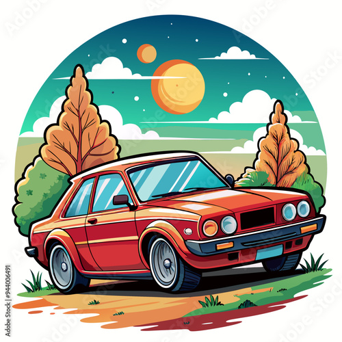 Red Classic Car Parked Under a Blue Sky with Two Trees