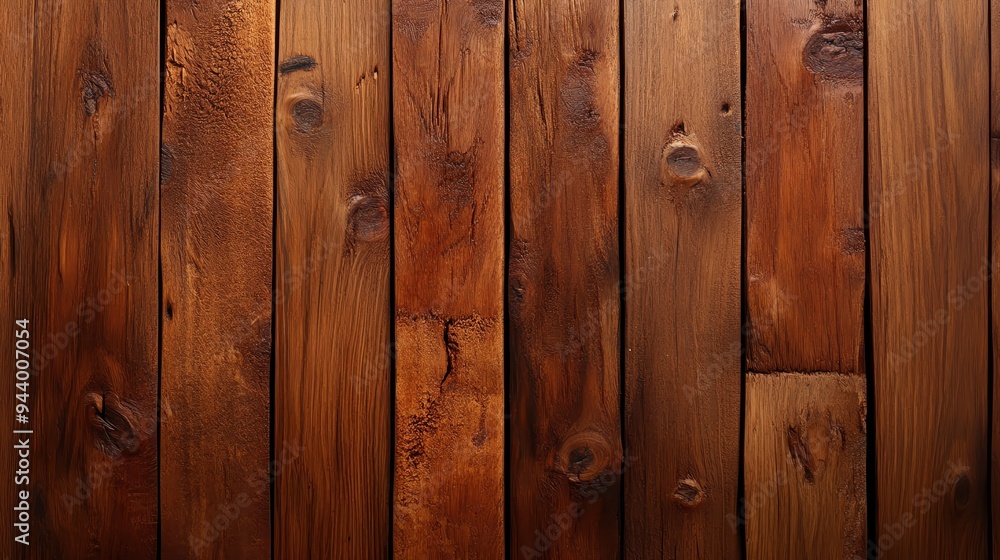 Obraz premium A close-up view of richly textured wooden planks arranged vertically, showcasing natural hues and wood grain details.