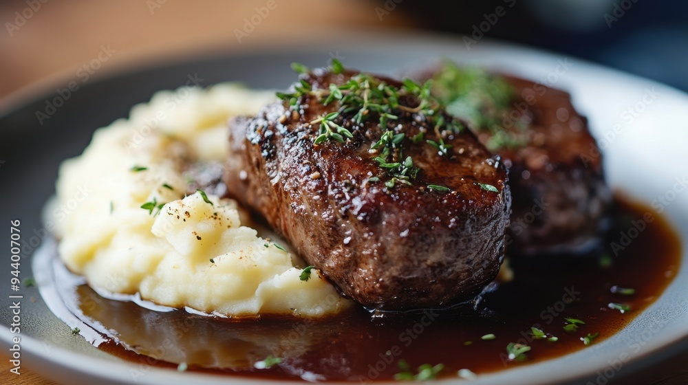 gourmet food presentation, a delicious meat dish with herb garnish paired with creamy mashed potatoes a culinary delight on a plate, embodying bliss gourmet food presentation, a delicious meat dish with herb garnish paired with creamy mashed potatoes a culinary delight on a plate, embodying bliss