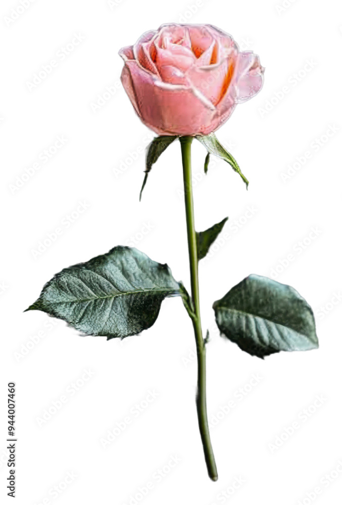 Obraz premium PNG Pink rose and green leaves on white