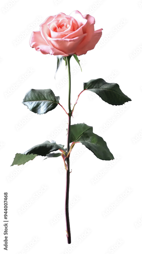 Obraz premium PNG Single pink rose with green leaves