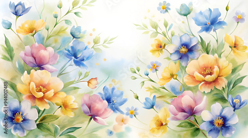 Watercolor background with spring flowers