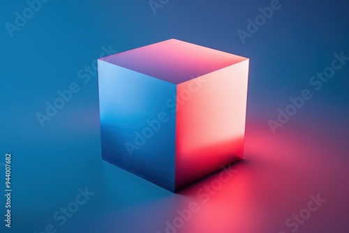 A cube with a red and blue light shining on it