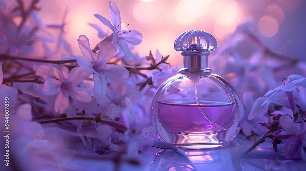 A violet backdrop with a silver perfume bottle A violet backdrop with a silver perfume bottle
