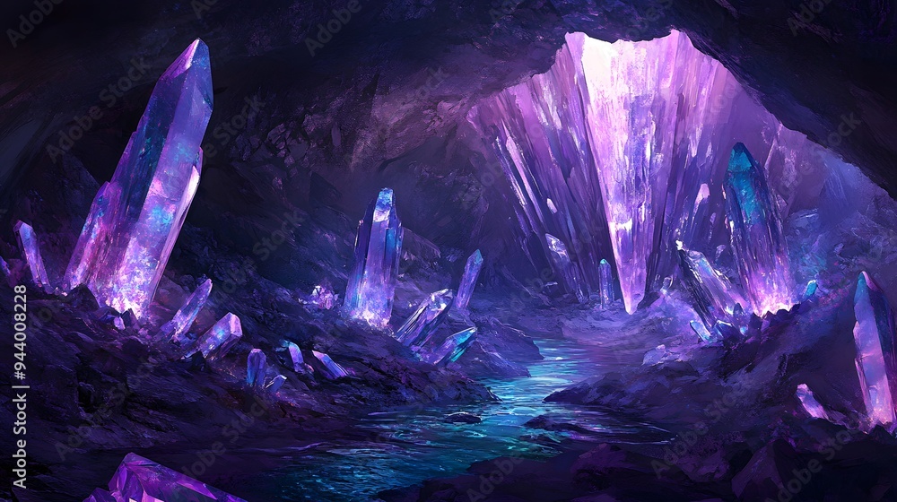 Crystal Cavern: A vast underground cavern filled with giant, luminous crystals, with an iridescent river flowing through the middle.
Crystal Cavern: A vast underground cavern filled with giant, luminous crystals, with an iridescent river flowing through the middle.