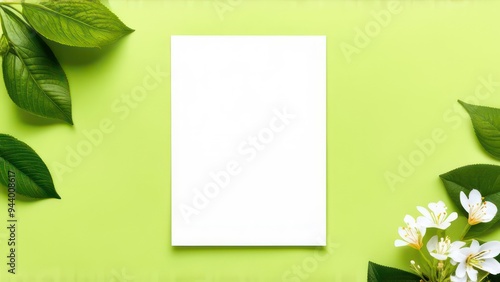 White sheet of paper on a light green background with spring leaves and flowers